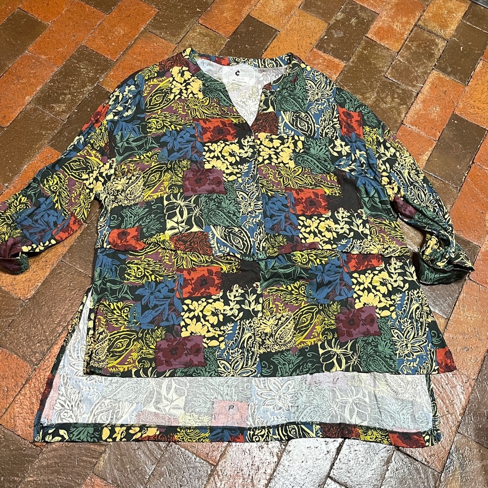 Cupio 2X tunic top with three-quarter sleeves bohemian patchwork Boho